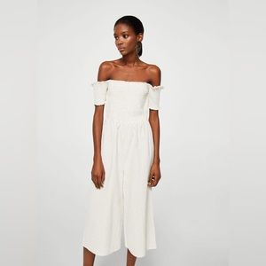 Mango Off Shoulder White Striped Wide Leg Jumpsuit